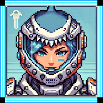 A pixel art of a girl wearing a space suit and helmet. Real Estate Website 