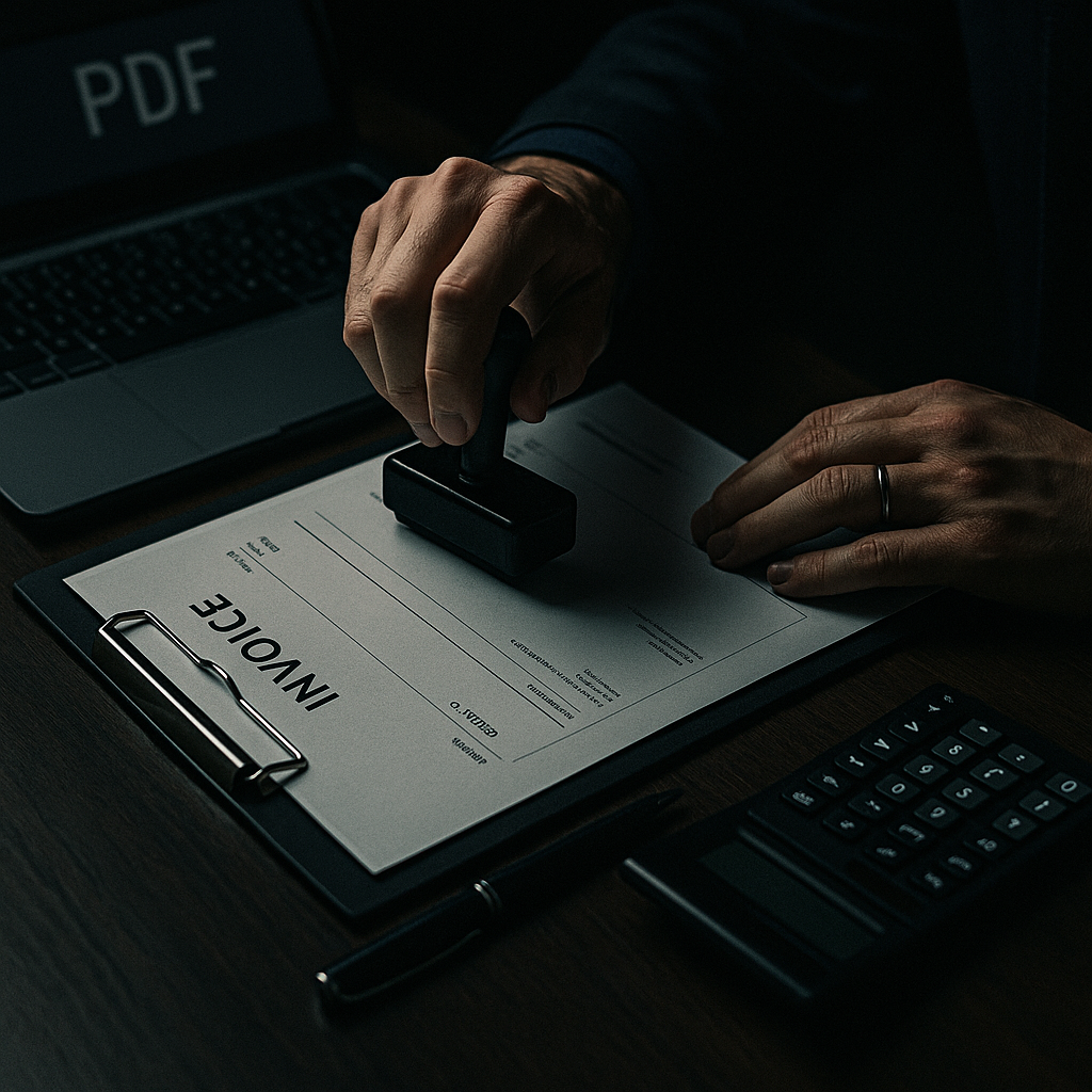 Person som stempler en faktura på et utklippstavle med en bærbar PC, kalkulator og penn i nærheten.