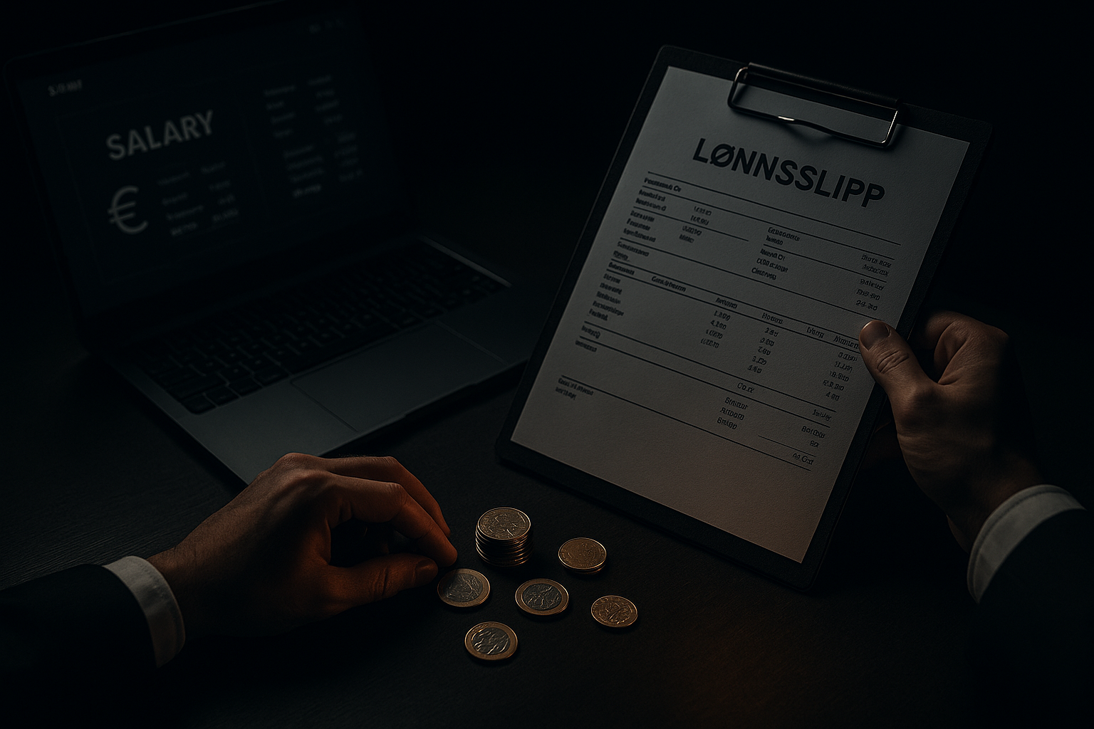 Hender arrangerer mynter ved siden av en lønnsutskrift og en bærbar PC-skjerm som viser «LØNN». Dempet belysning.