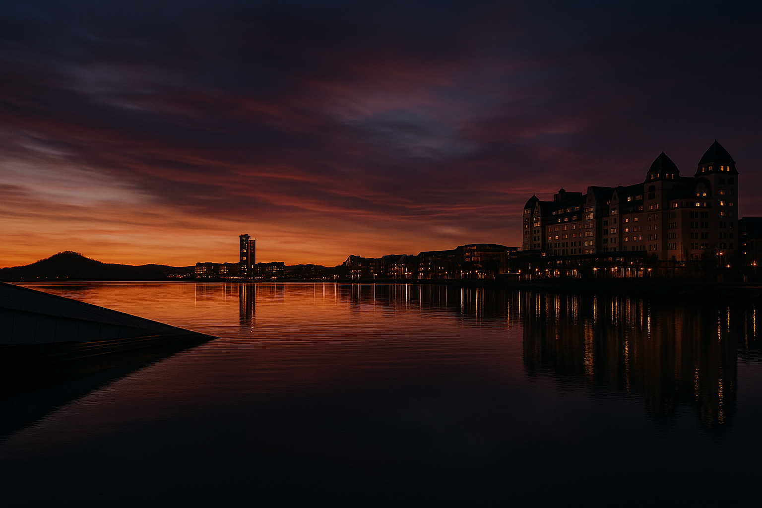 Solnedgang over Oslo, Norge. Bygninger og vann reflekterer oransje og lilla himmel.