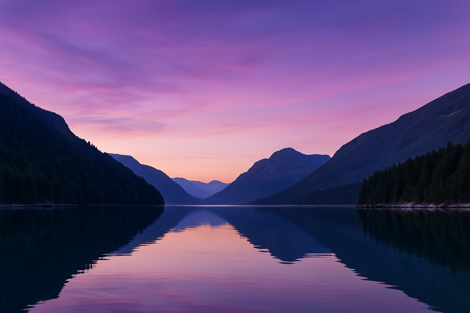 Lilla solnedgang over en innsjø omgitt av fjell; refleksjon i vannet.