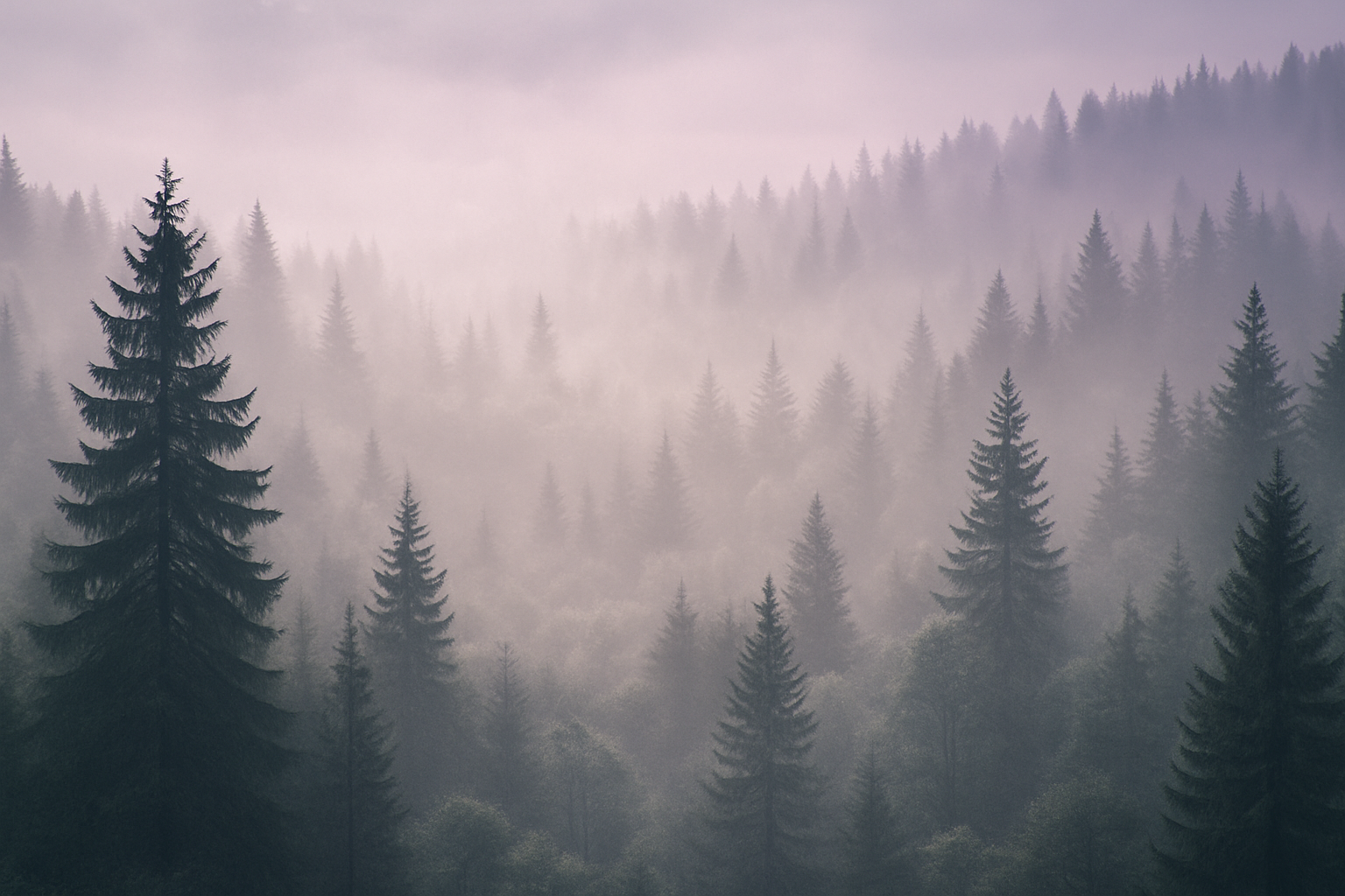 Tåkete skog, høye eviggrønne trær innhyllet i tåke, lilla fargetoner.