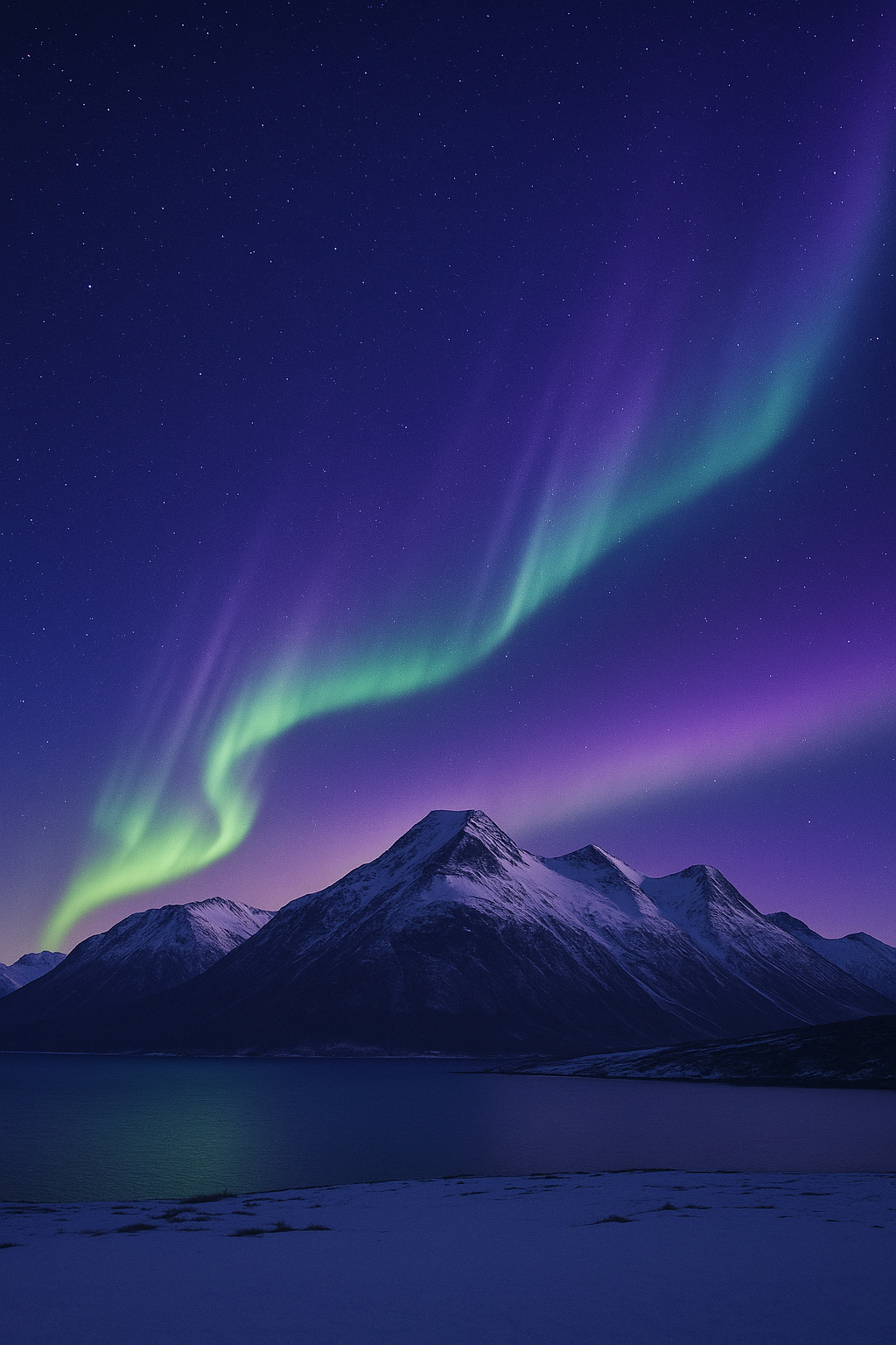 Aurora Borealis over snødekte fjell og vann under en stjerneklar, lilla og grønn nattehimmel.