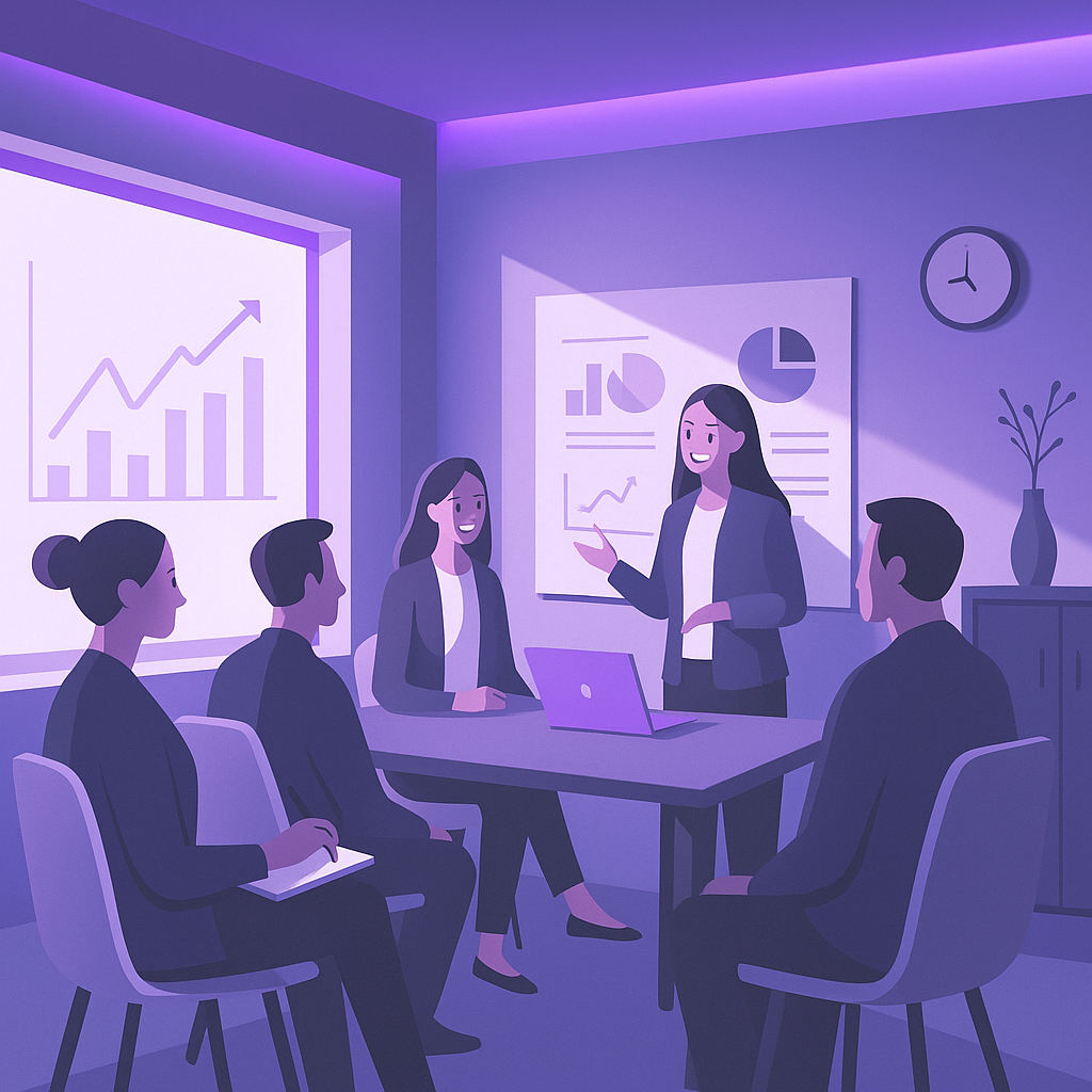 Møte for forretningsteam i et lilla rom, med presentasjon av kvinne, diagrammer på veggen og klokke.