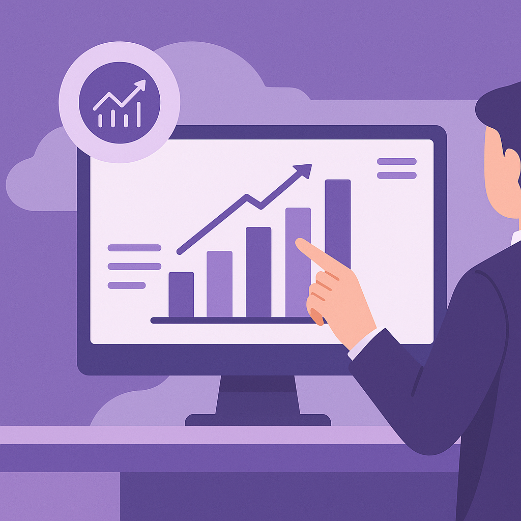 Mann peker på en dataskjerm som viser et stigende søyle- og linjediagram; økonomisk analyse.
