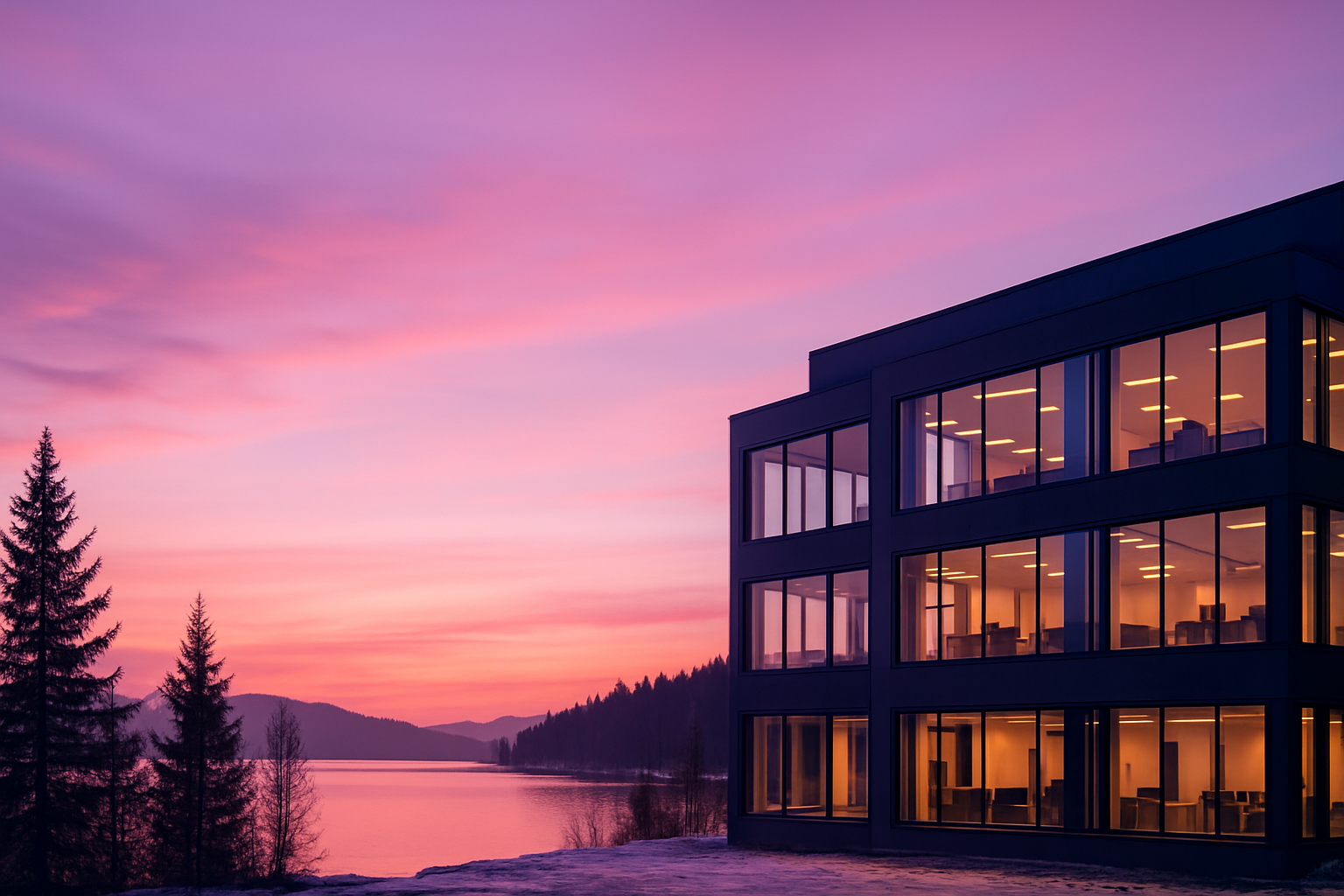 En stor bygning med en solnedgang i bakgrunnen og en innsjø i forgrunnen.