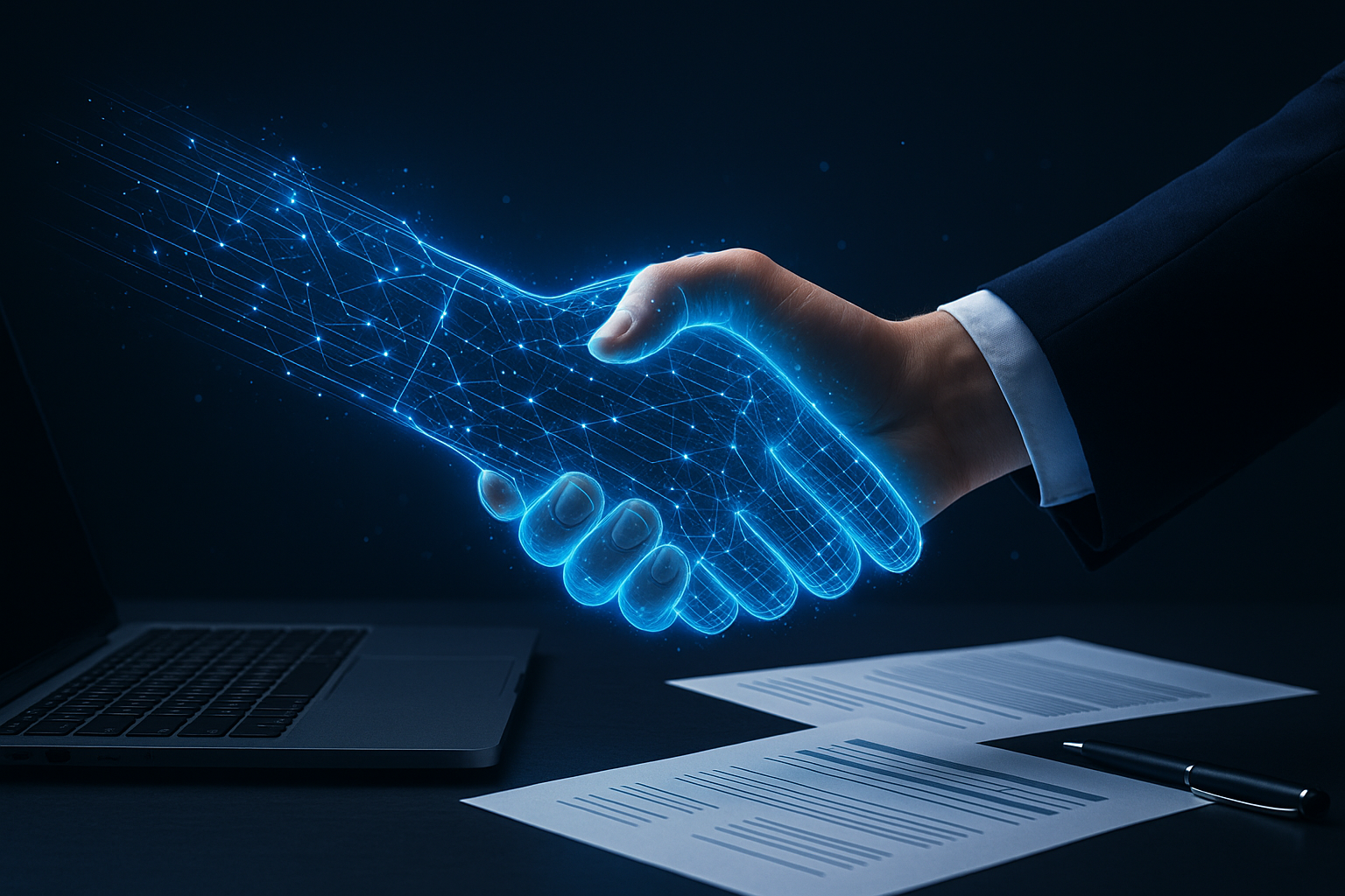 A digital handshake of blue light above a desk with a laptop and contract papers.