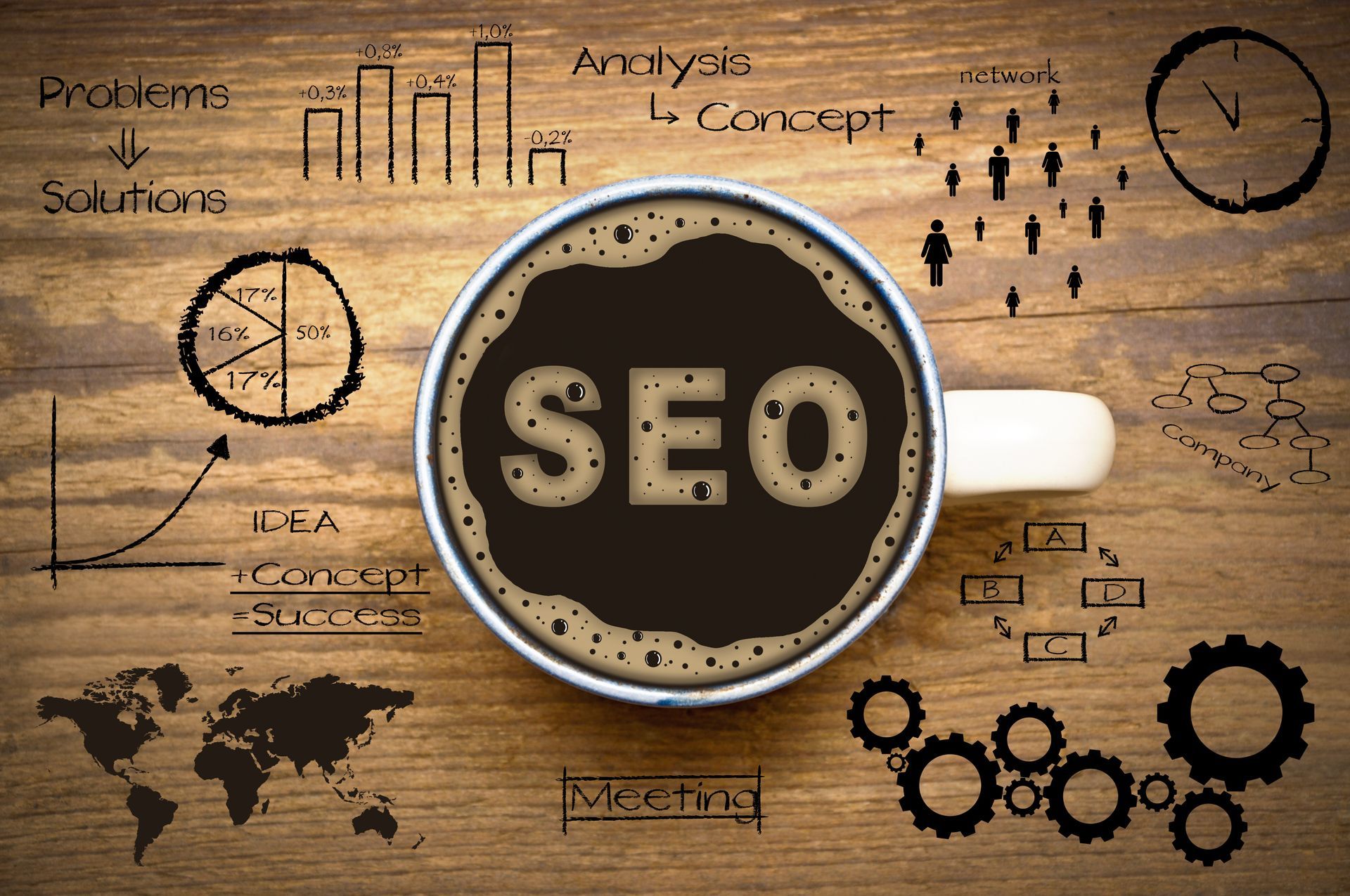 a cup of coffee with the word SEO written in the coffee