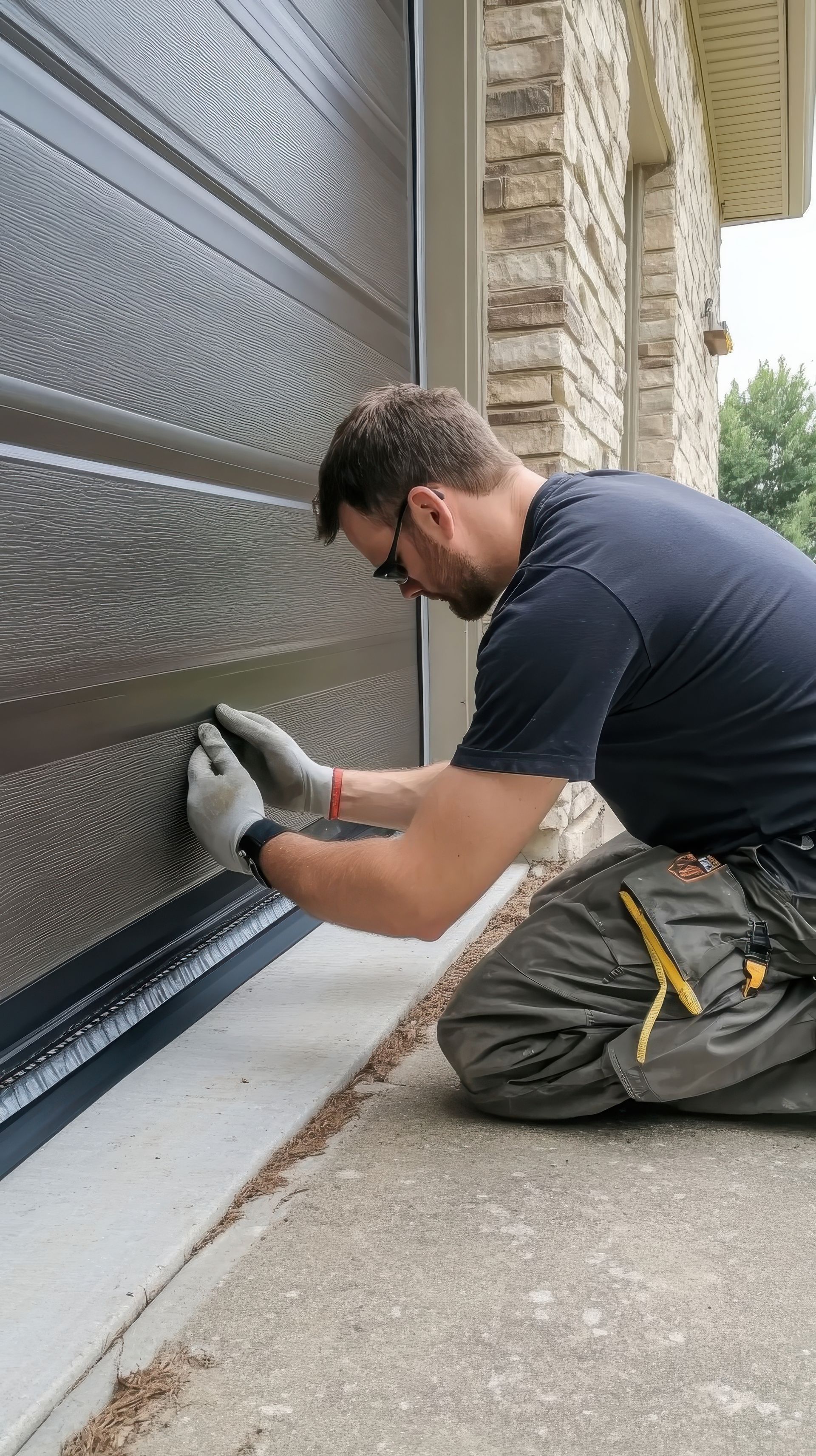 A man is kneeling down in front of a garage door.