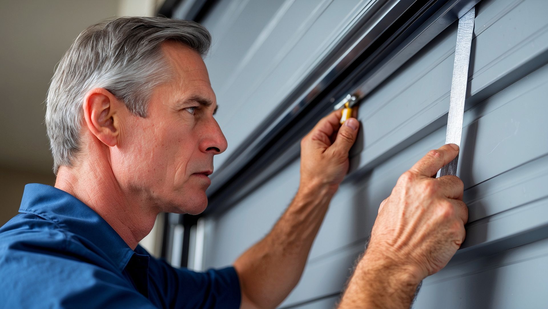 A man is measuring a garage door with a tape measure.