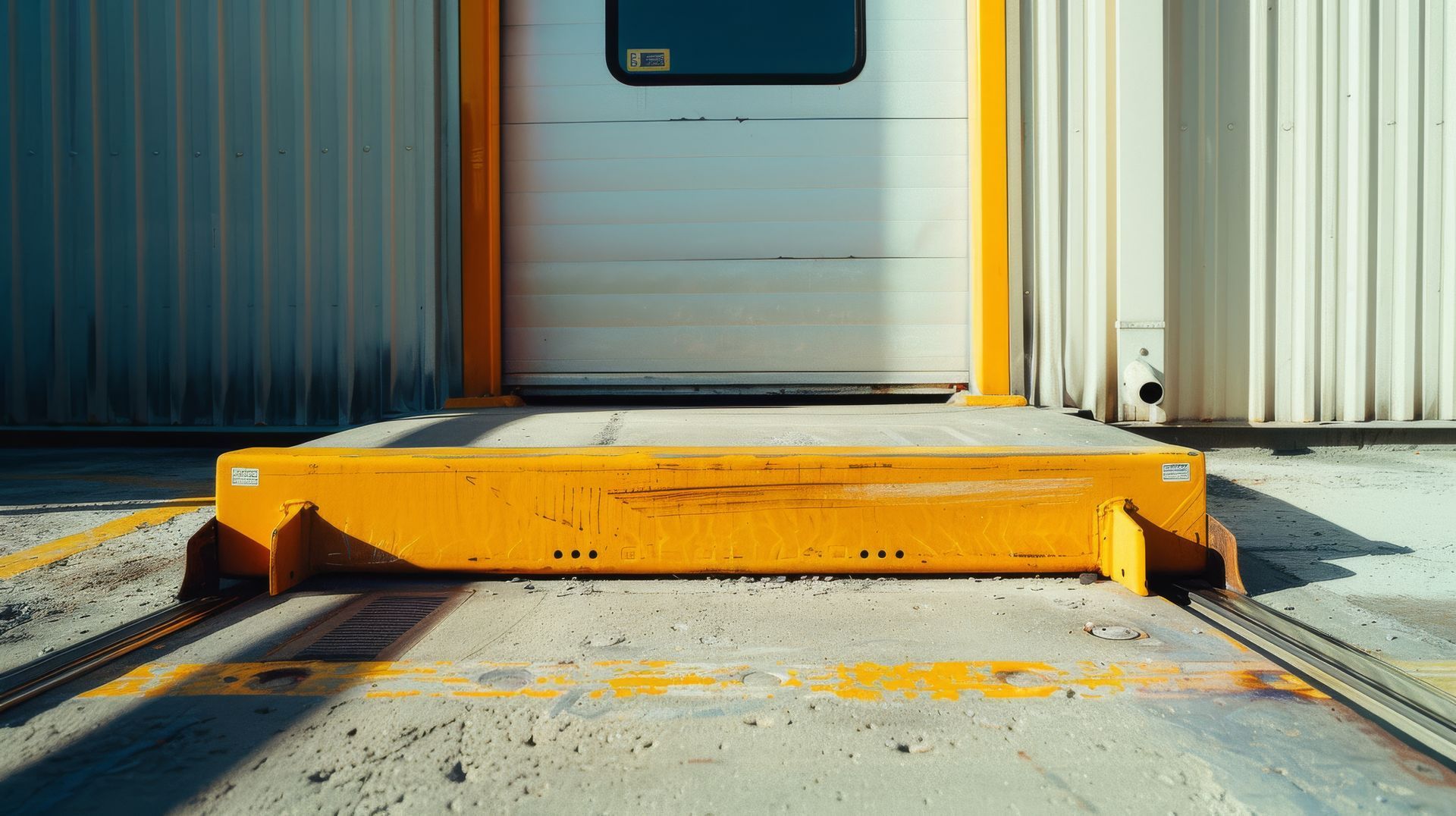 A yellow barrier is sitting in front of a warehouse door.