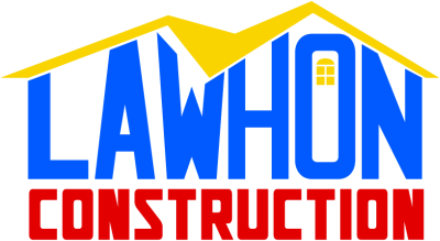 Logo for Lawhon Construction: Blue text "LAWHON" within a yellow and blue house outline, "CONSTRUCTION" in red text.