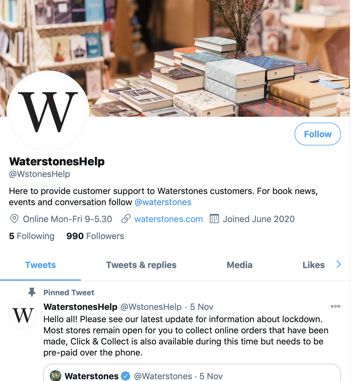 Waterstone Twitter Example