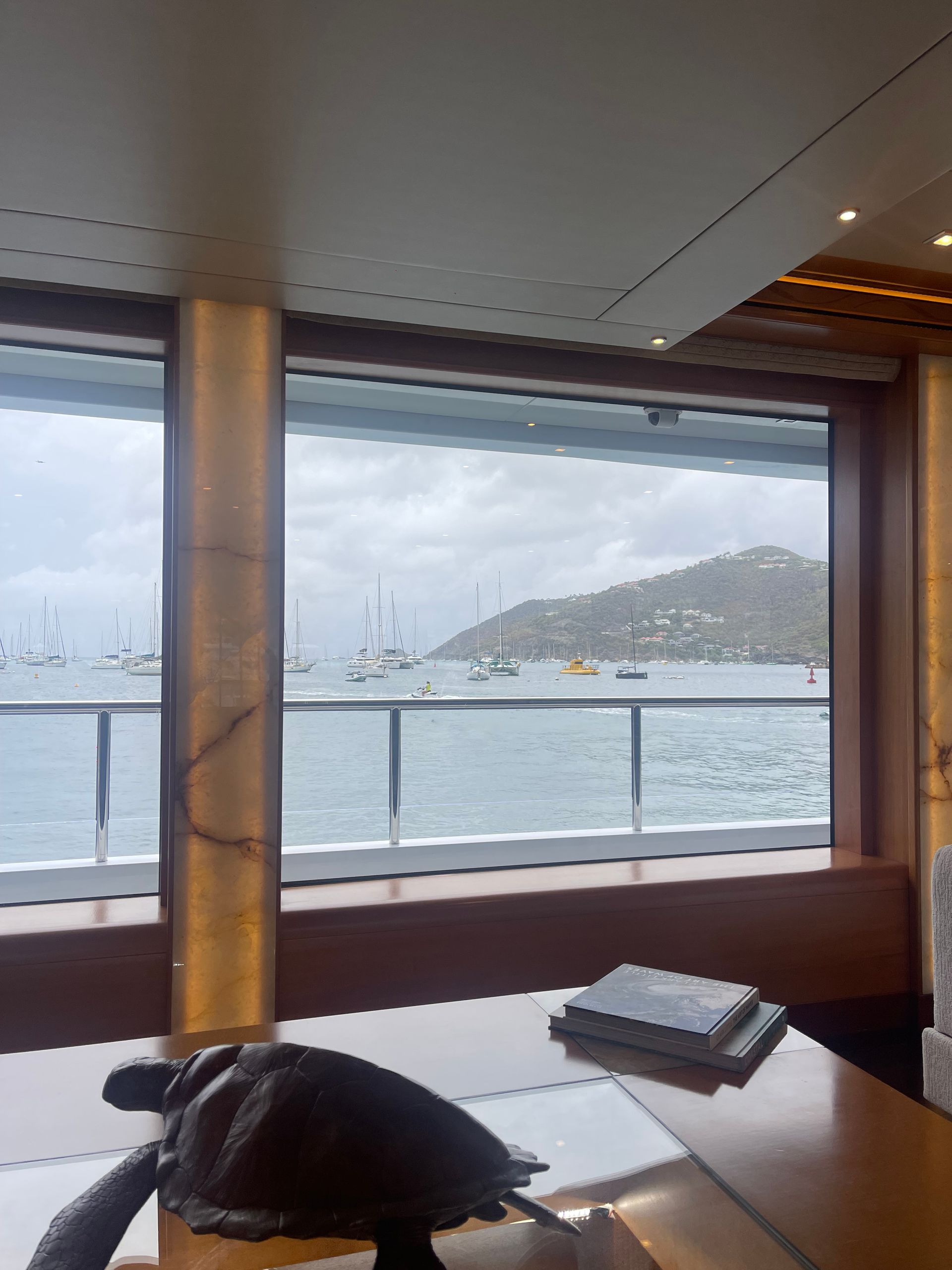 View from a yacht window: seascape with boats, green hills, and a table with a turtle statue.