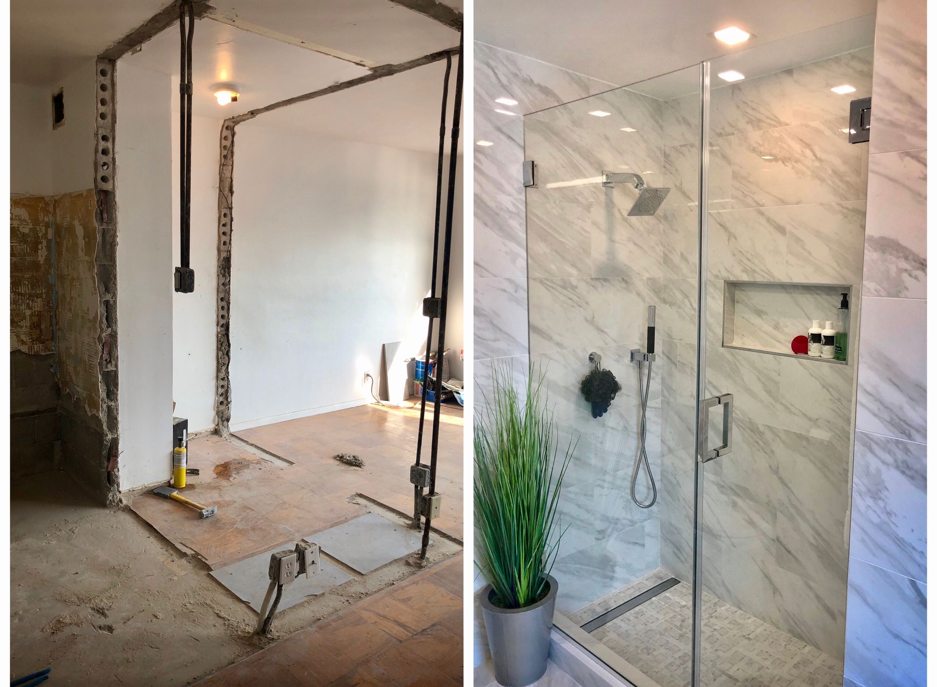 Bathroom renovation before and after: demolition versus new shower with marble tiles and glass doors.
