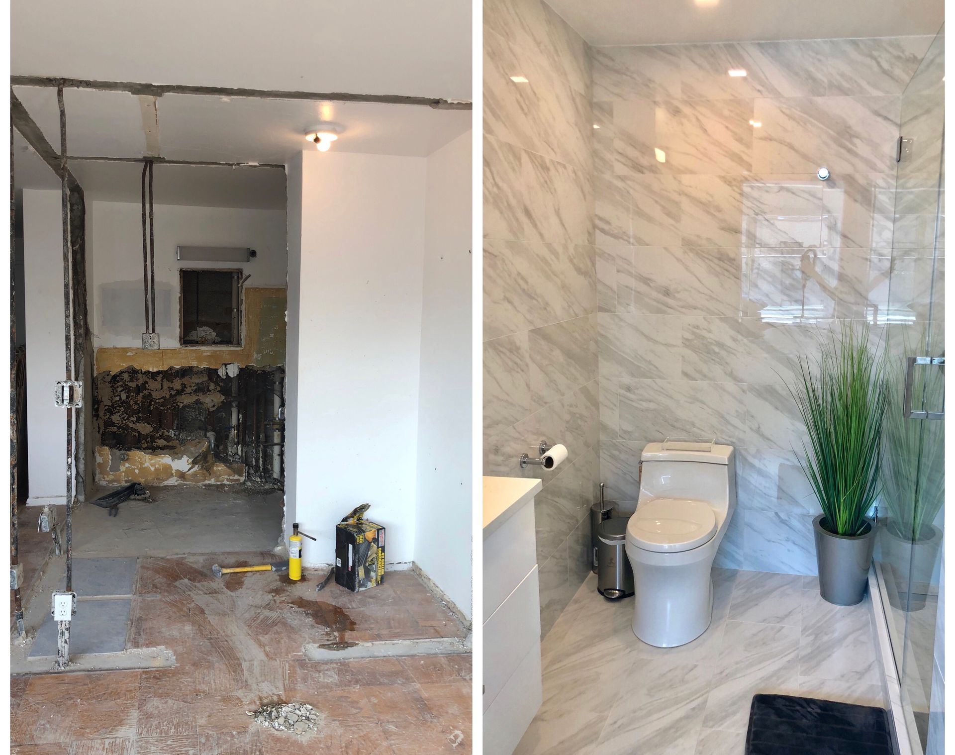 Bathroom undergoing renovation, then completely remodeled with marble tiles, white toilet, and glass shower.