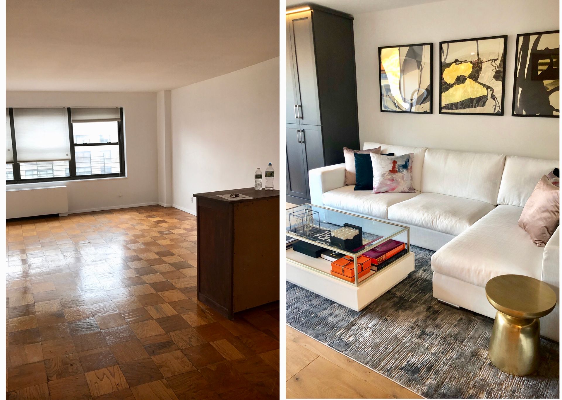 Before and after of living room renovation: empty room with wood floor transforms into a stylish.