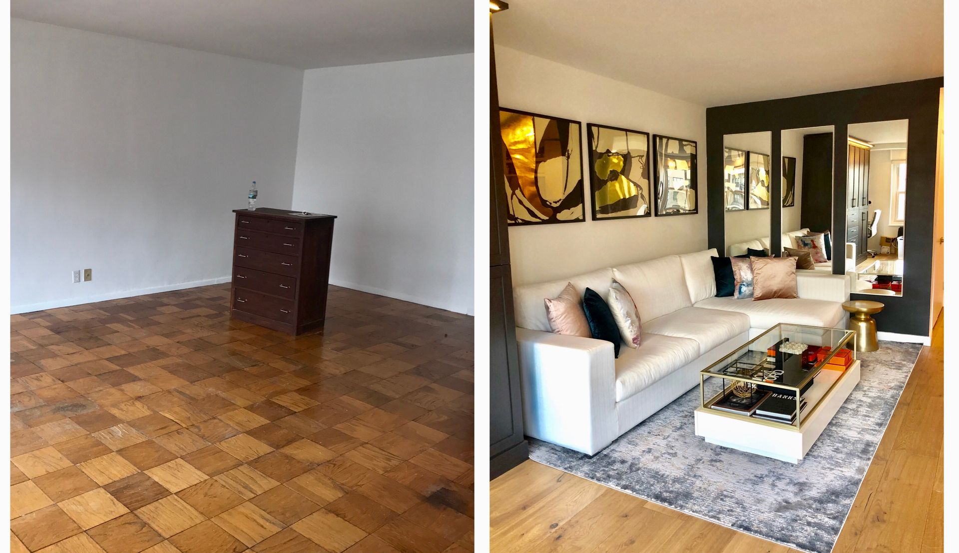 Before-and-after of a living room transformation. The