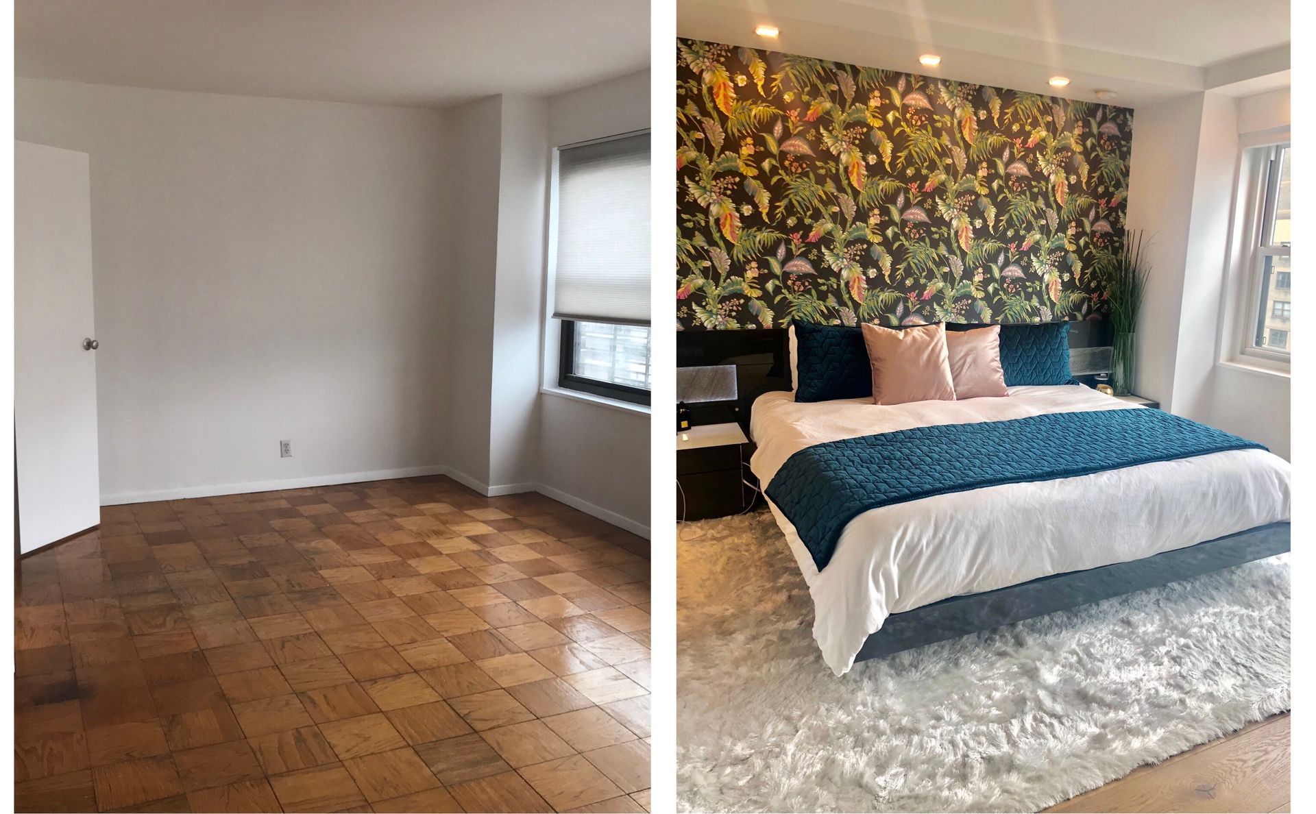 Bedroom before and after renovation; empty room with wood floor versus decorated room with wallpaper, bed, and rug.
