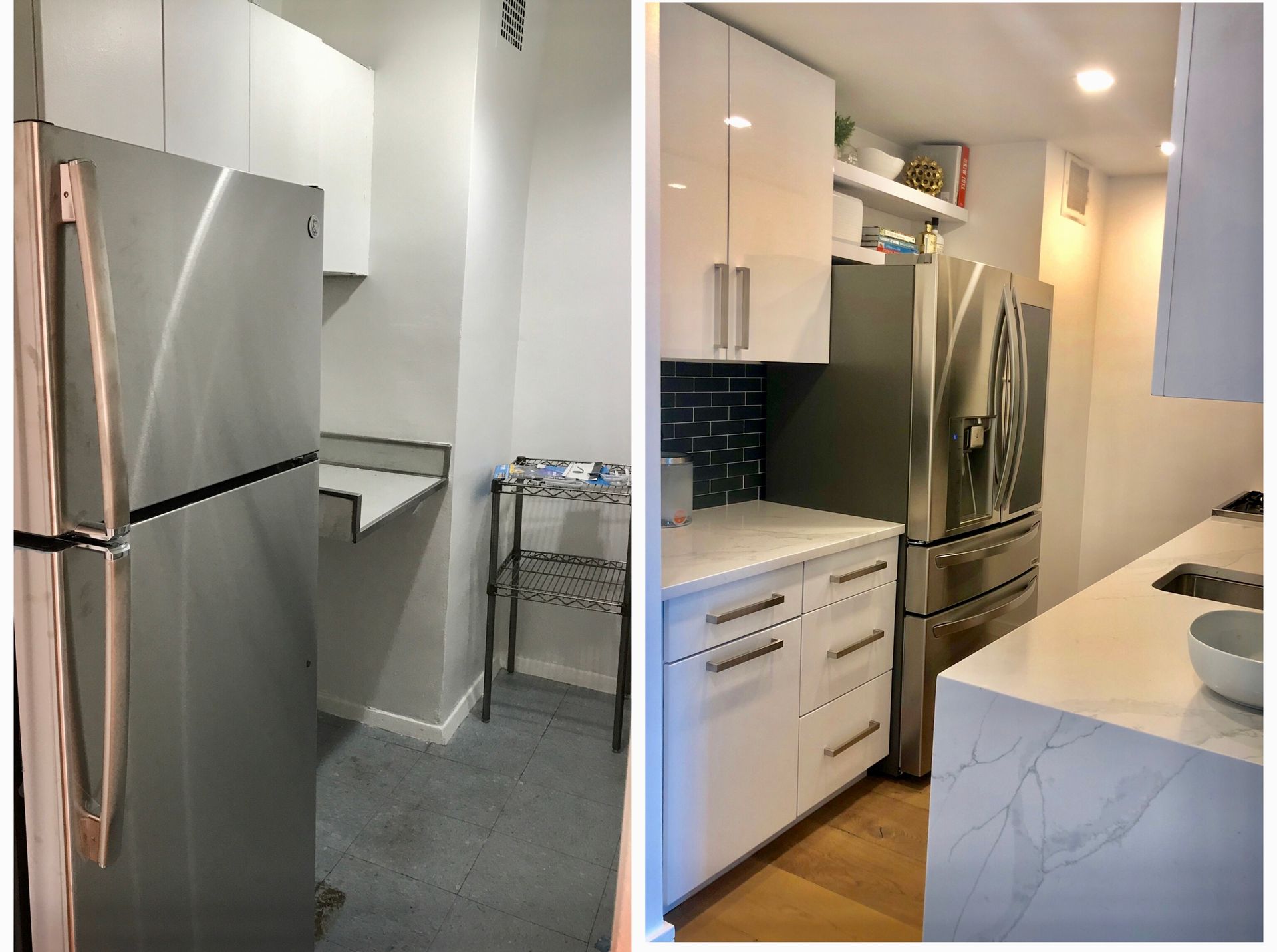 Before/after kitchen remodel: stainless steel refrigerator, white cabinets, and countertops.