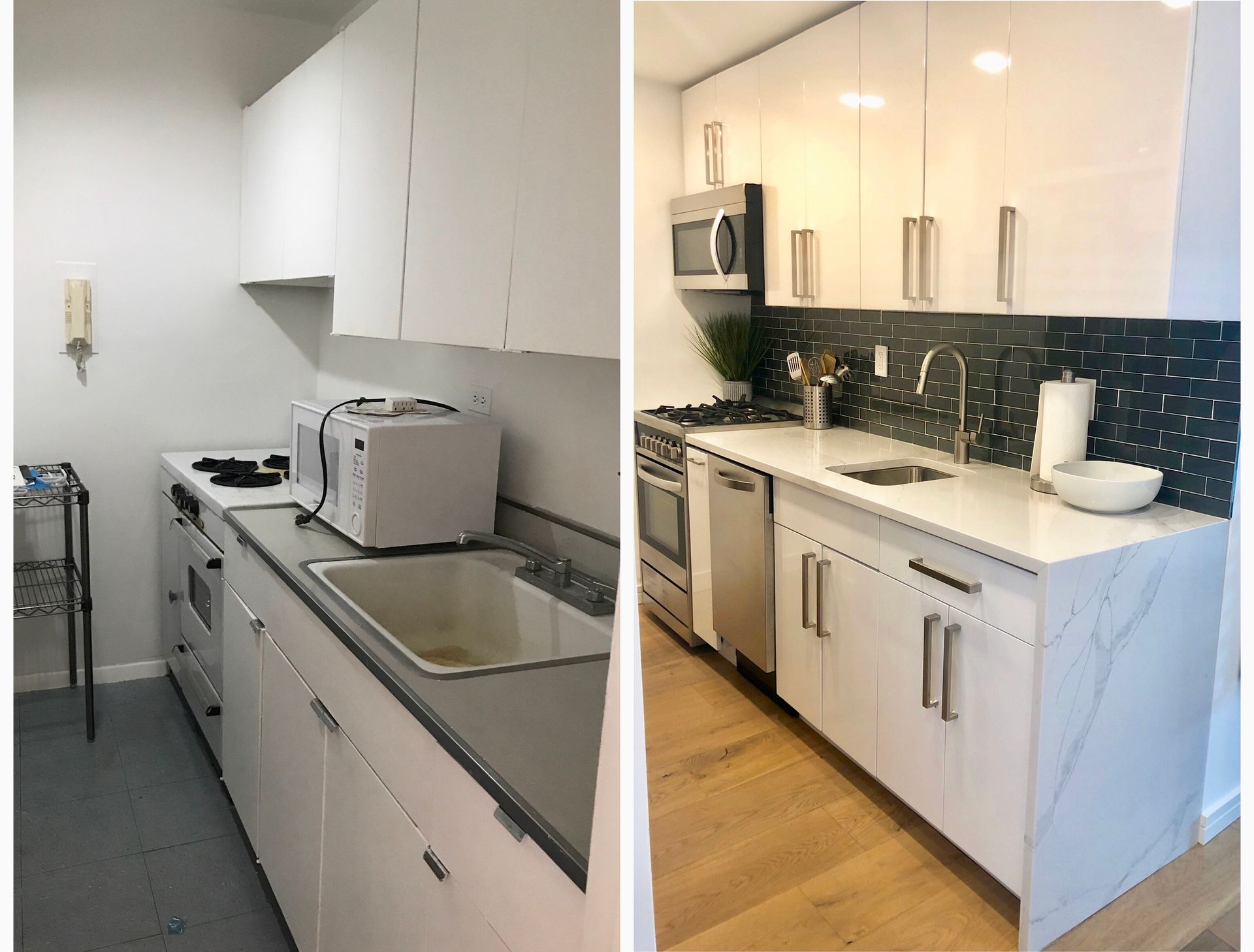 Before and after photos of a small kitchen remodel with white cabinets, sink, and appliances.