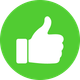 White thumbs up in a green circle, indicating approval.