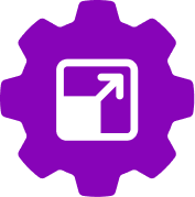 Purple gear icon with a white square and an arrow pointing up and right.