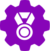 Purple gear icon with a white medal inside.