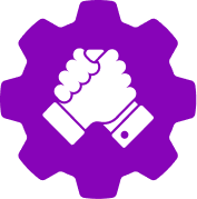 Purple gear with white hands clasped in handshake.