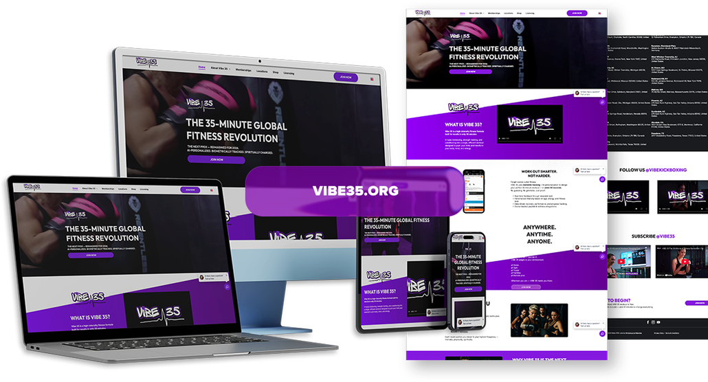 Website design showcasing a music platform on various devices with purple accents.