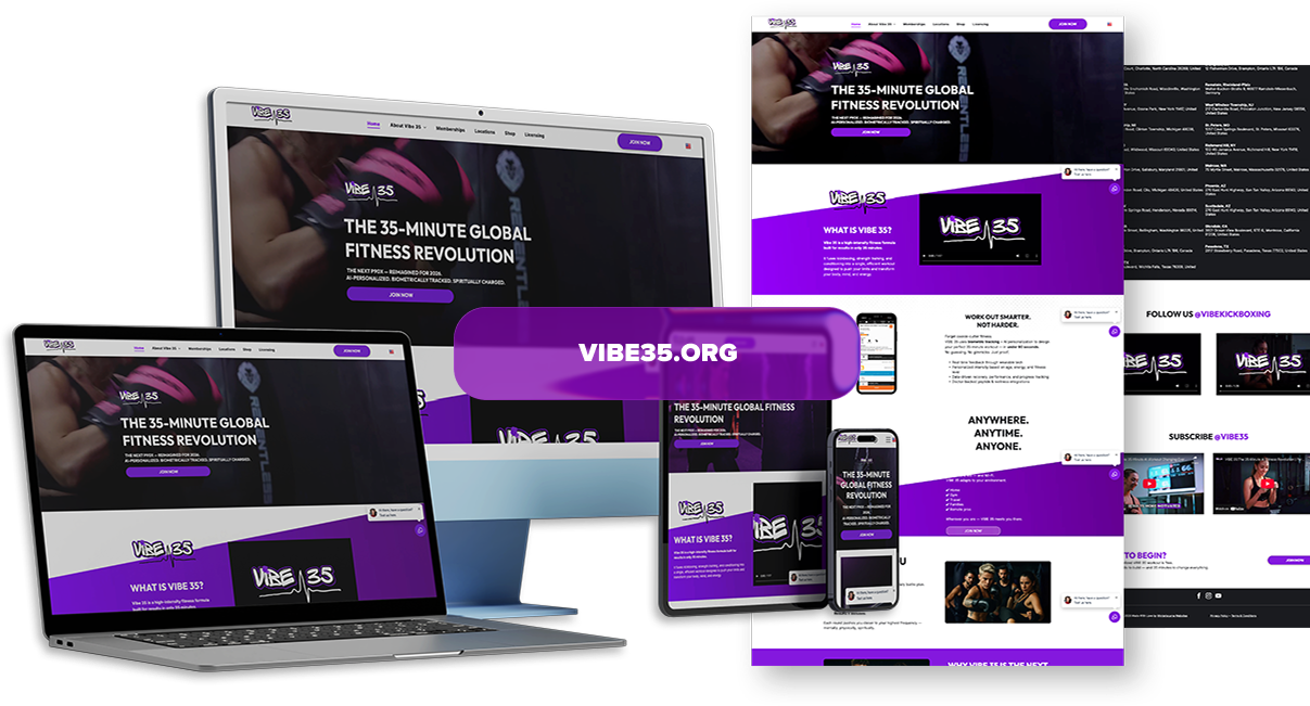 Website design showcasing a music platform on various devices with purple accents.