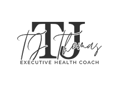 Logo: TJ Thomas, Executive Health Coach. Black initials 