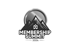 Membership Summit 2024 logo with mountains, a silver coin, and a stylized figure. Black and white.