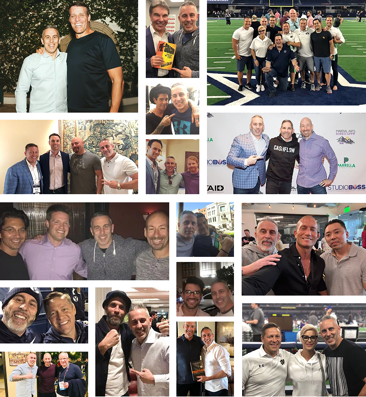 Collage of people posing for photos together. Mostly men, indoors and outdoors, smiling and embracing.