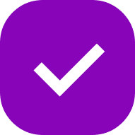 White checkmark icon on a purple rounded square.