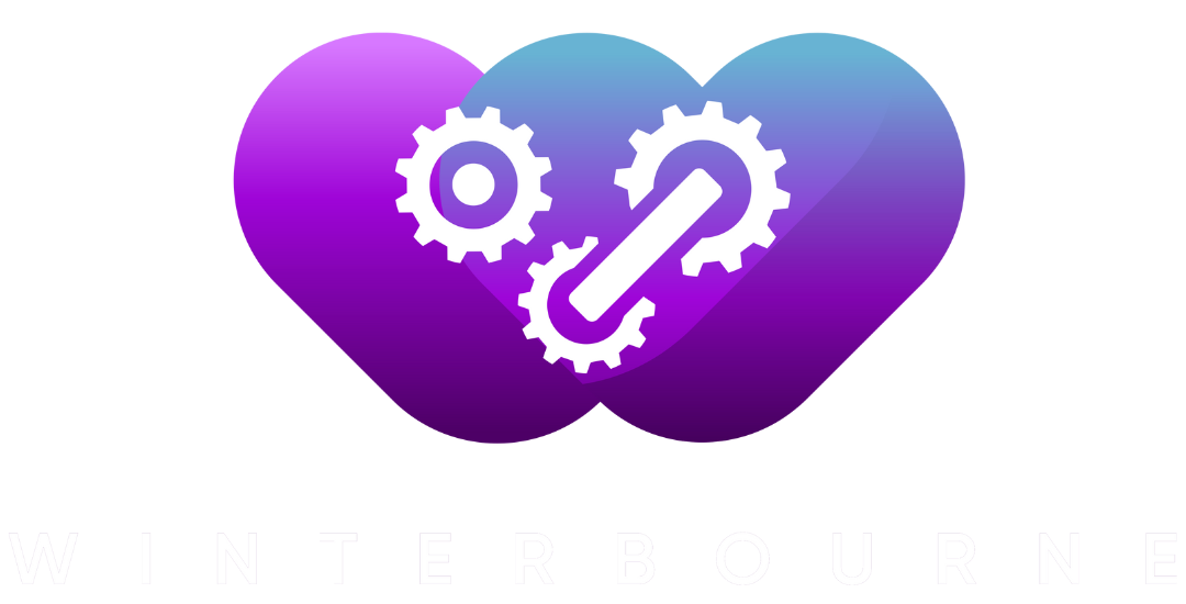 Purple heart-shaped design with gears, symbolizing connection and process.