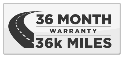 36-month warranty with 36k miles represented by a curved road icon within a white box.