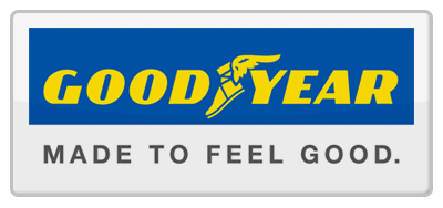 Goodyear logo with blue and yellow text and winged foot graphic, below
