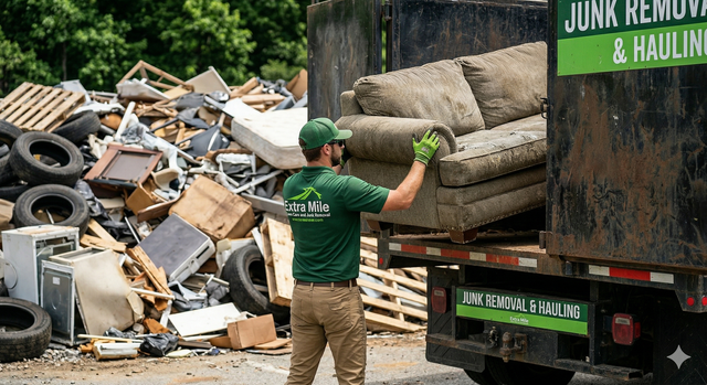 A worker in a green uniform loads a used sofa onto a junk removal truck near a large pile of debris.