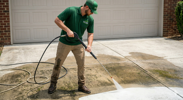 A person in a green uniform power washes a dirty concrete driveway in front of a garage door.