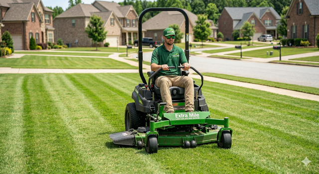 A person operating a green John Deere zero-turn mower on a freshly striped lawn in a suburban neighborhood.