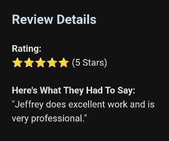 A 5-star review for Jeffrey, stating: 