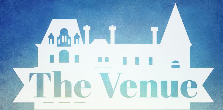 A blue background with a white castle and the words the venue