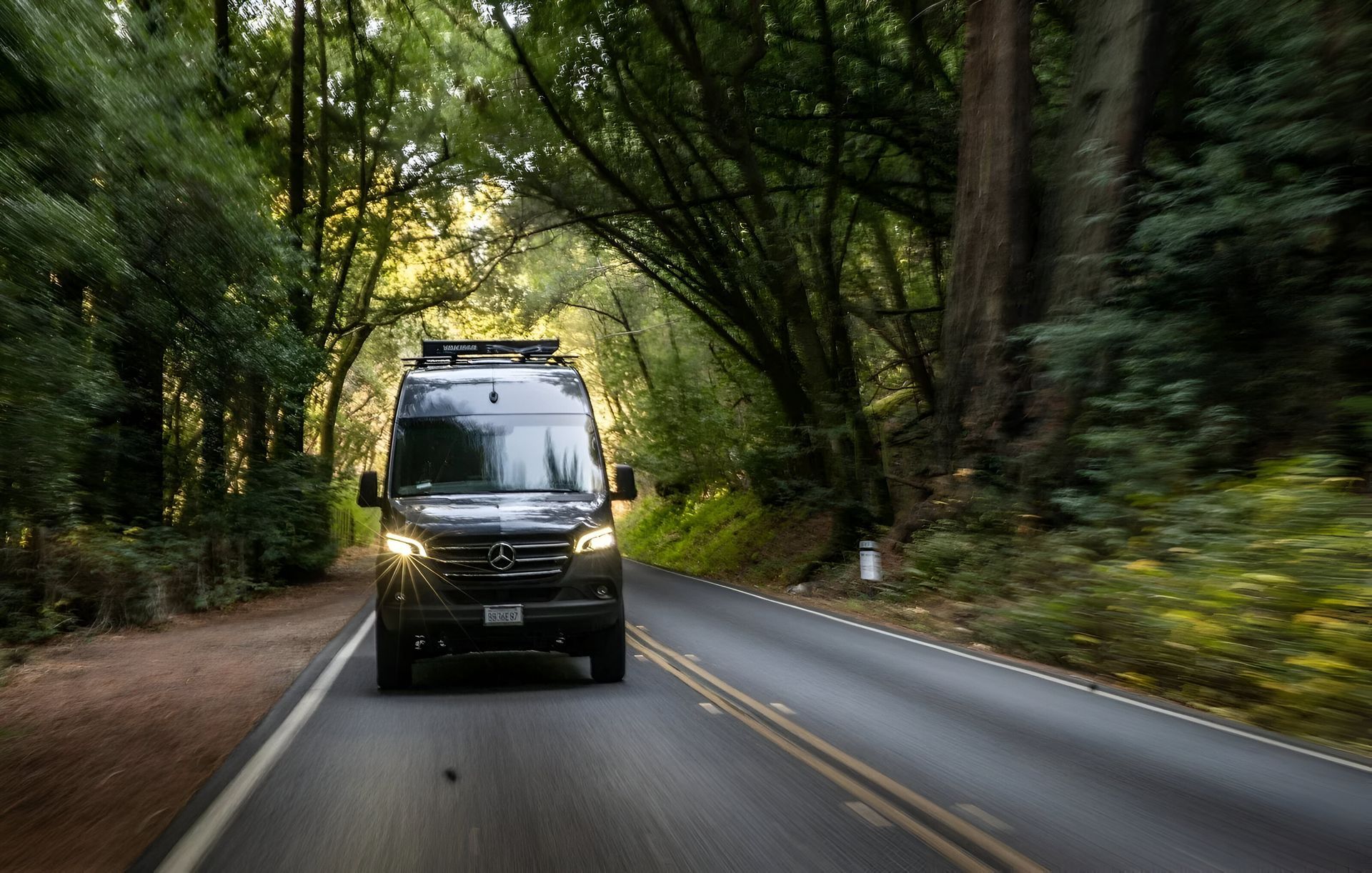 Black van driving down a tree-lined road.