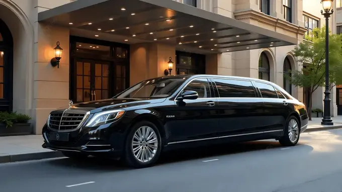 Black limousine parked under an awning in front of a building.