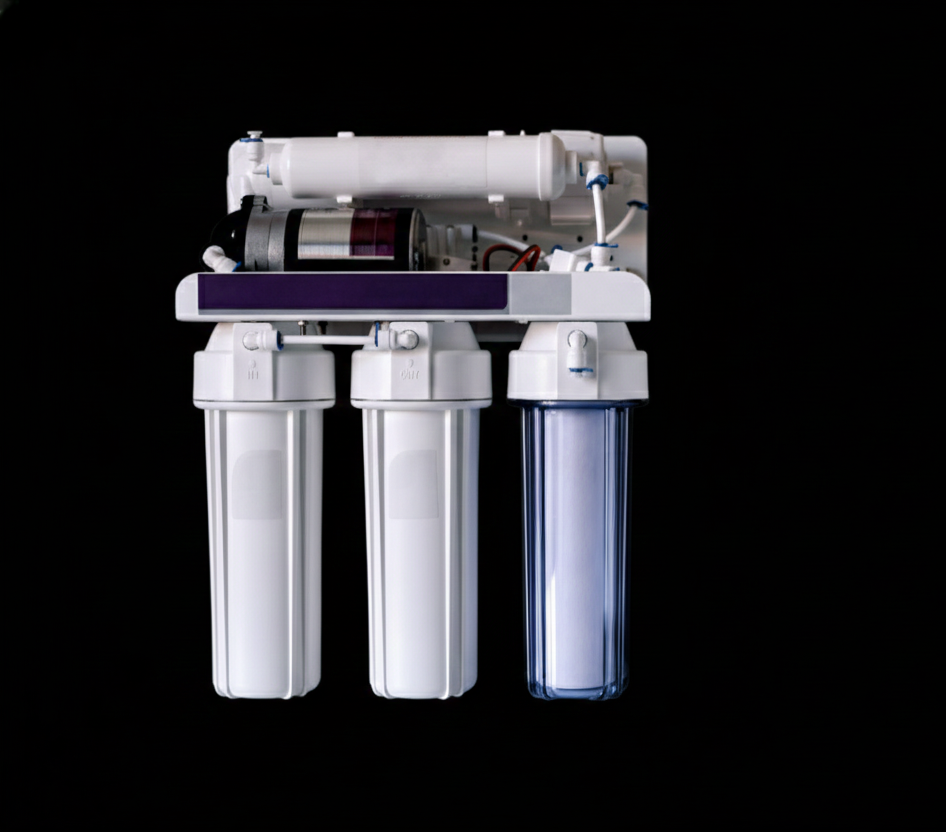 Reverse osmosis water filter with three white filter housings and a clear one, mounted on a black background.