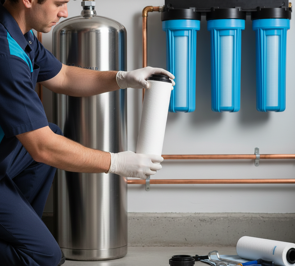 A person in gloves replacing a water filter cartridge, near a filtration system in a utility room.