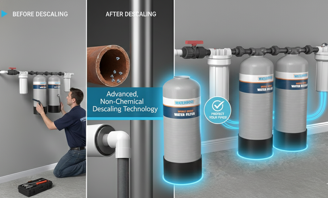 Water filter system; before and after descaling. Technician working on filters. Pipes shown with and without buildup.