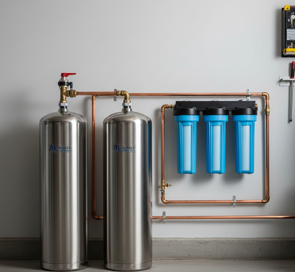 Water filtration system in a garage setting with two tall metal tanks and three blue filter housings.