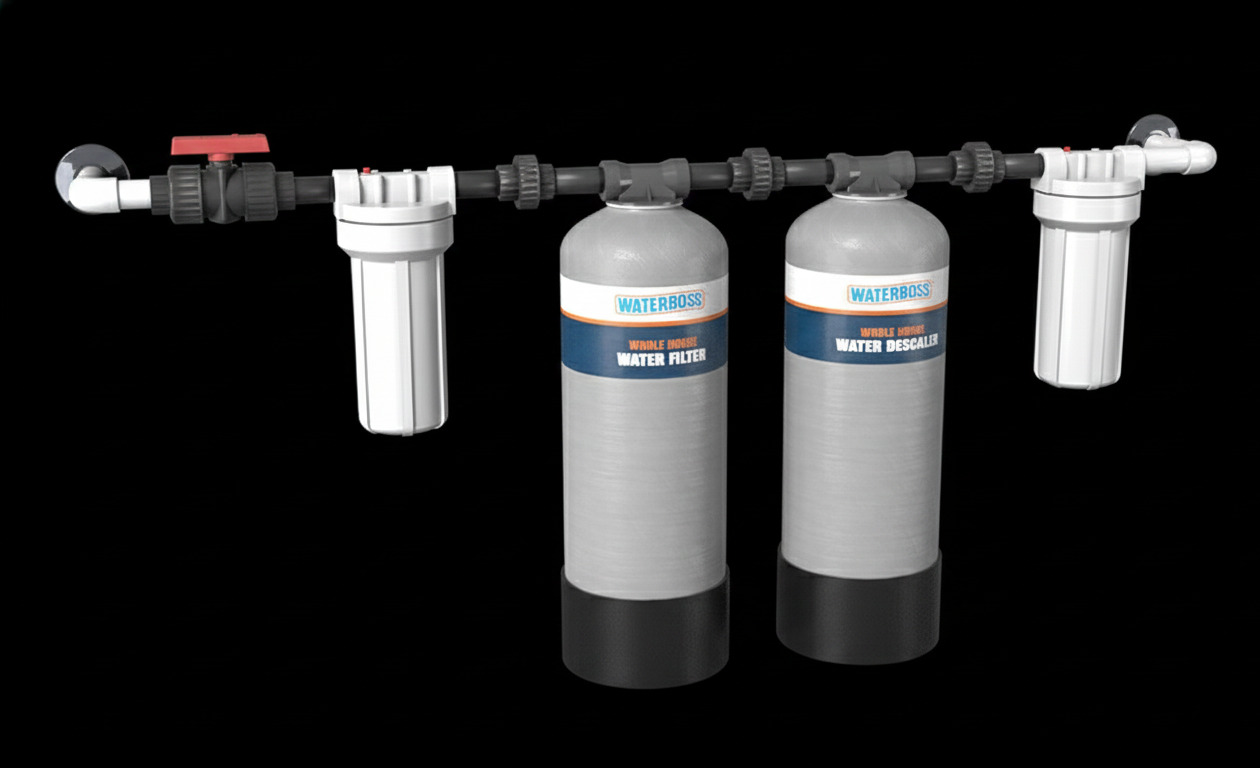 Water filtration system with white and gray components connected by black piping.